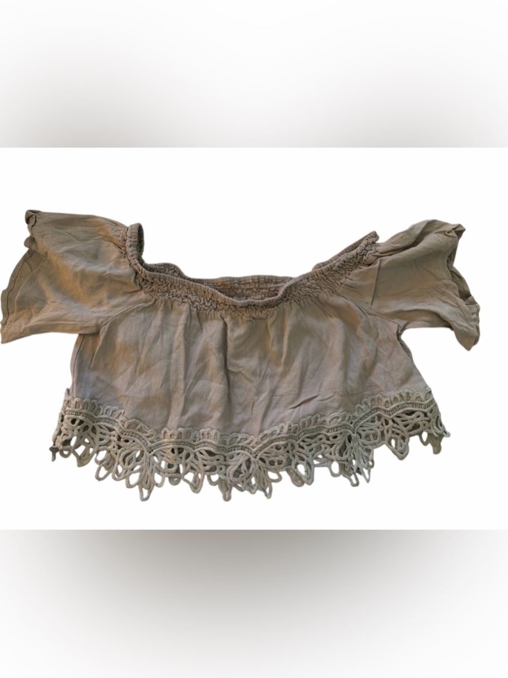 Tobi Off-Shoulder Crochet Hem Crop Top Gray